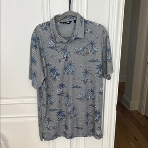 Travis Mathew Gray and Blue Palm Print Polo Shirt